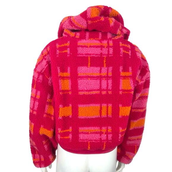 Anthropologie Porridge Quinn Sherpa Hoodie NEW Womens Small Plaid Pink Orange - Picture 5 of 10